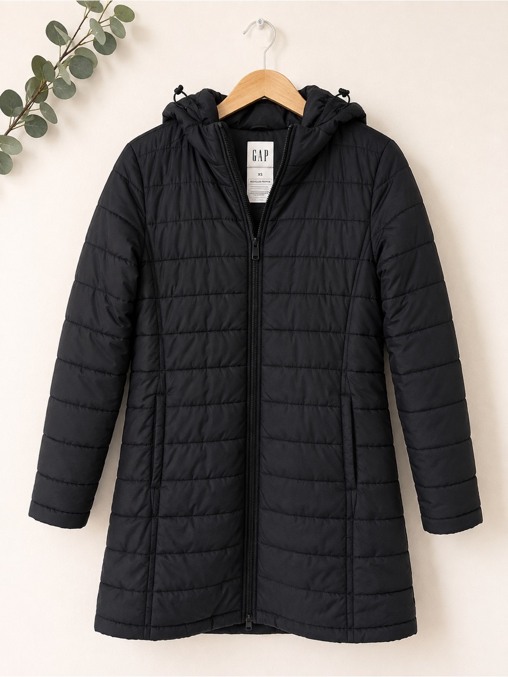 GAP Black Long Hooded Puffer Coat Jacket Size XS